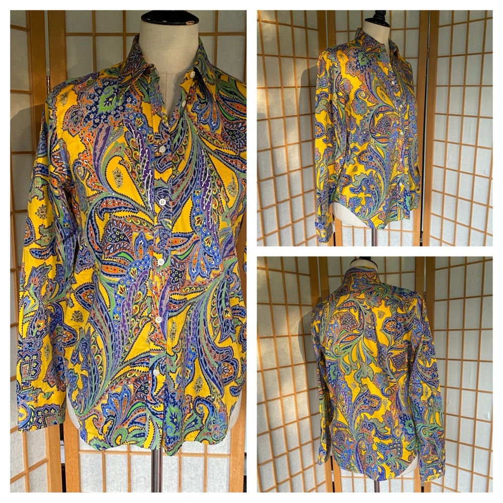 Lauren Ralph Lauren 100% Cotton Paisley Collared Shirt Long Sleeve SZ S